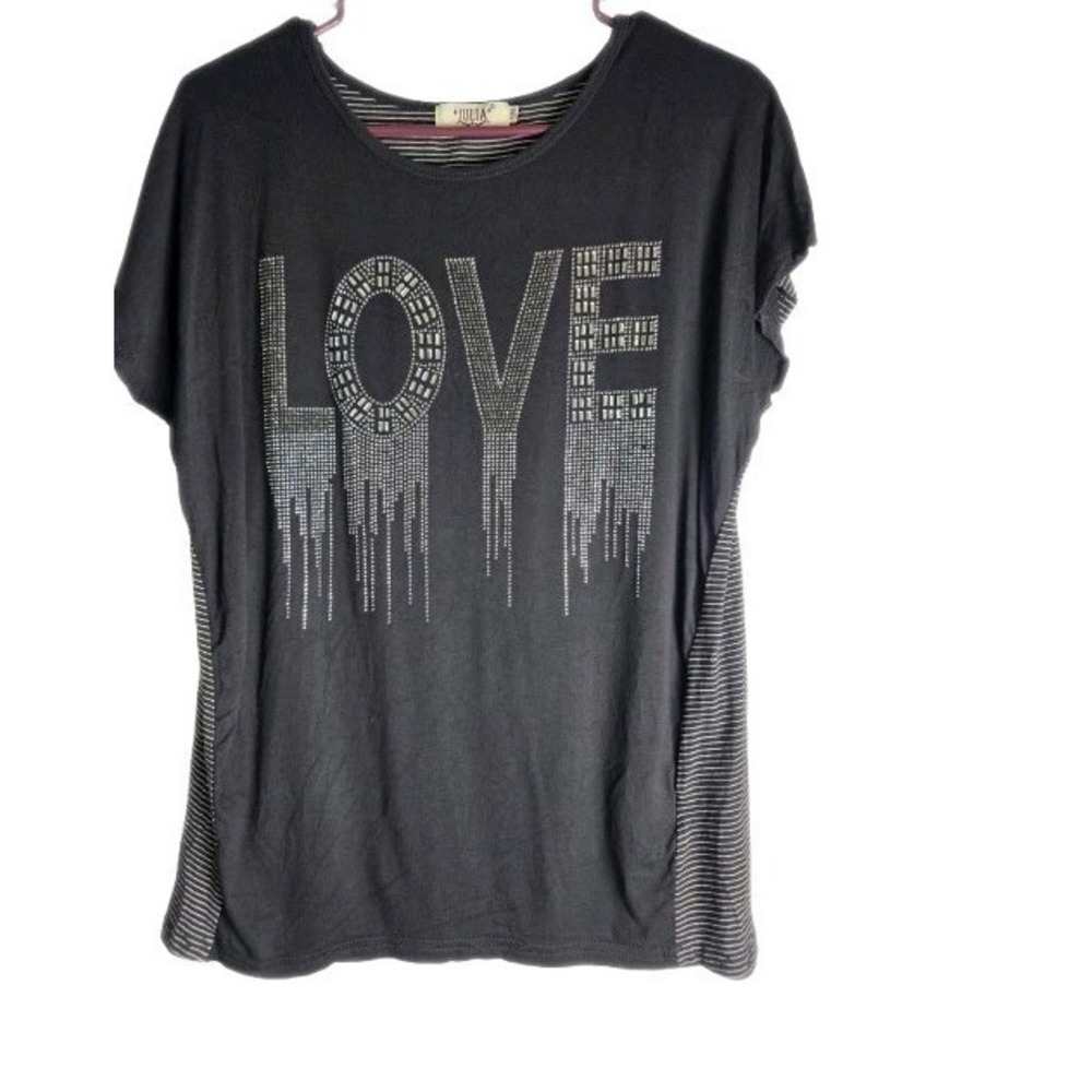 Julia Love Black Sequin Bling Logo Front Shirt‎ Size S/M